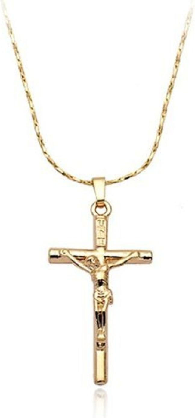 Gold Plated Crucifix Pendant Unisex Cross Necklace 17''