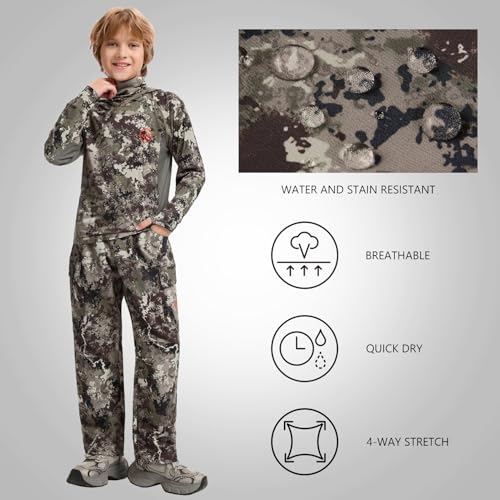 BASSDASH Invis Kid’s Youth Stretch Hunting Pants Water Resistant Breathable Camo Cargo Fishing Pant4