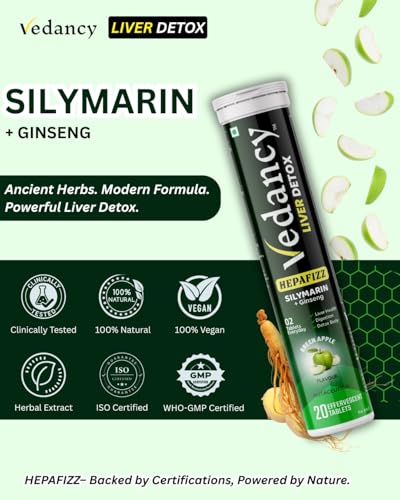 Image of HepaFizz Liver Detox Effervescent Tablets 80 Tabs Ideal For 40 Days | Silymarin 250mg Milk Thistle + Vitamin B9, B12 | Ayurvedic Liver Cleanse Supplement | Green Apple Flavour | Sugar-Free, Vegan | WHO-GMP Certified
