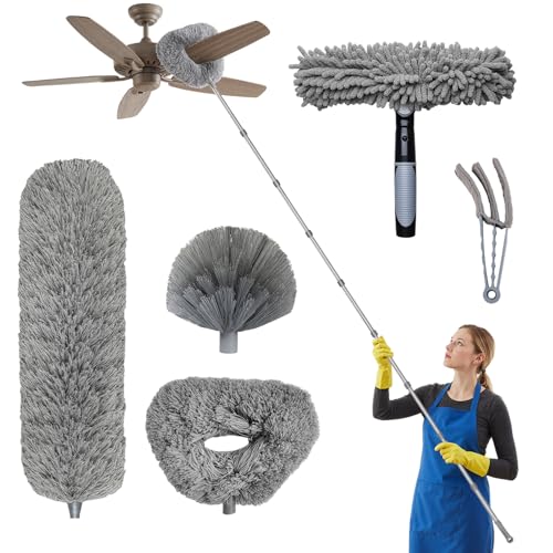 Five Modes Extendable Feather Duster 6 m Telescopic Duster Head with Adjustable Extension 1.5 to 4.9 m,Microfibre Head,Window Squeegee with Scraper for Cleaning Roof,High Ceiling Fan,Blinds,Cobweb.