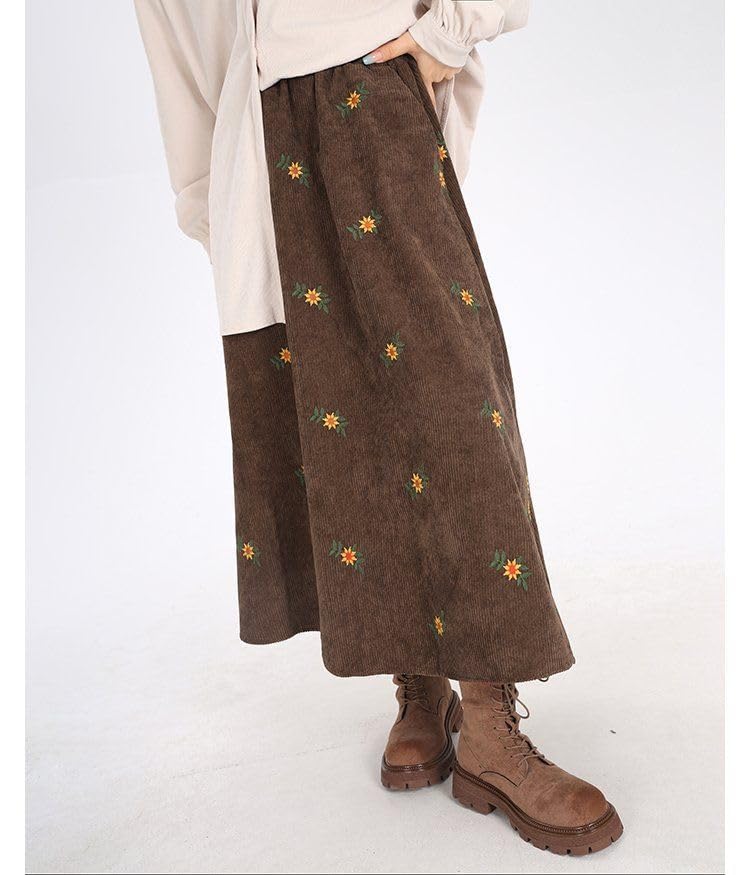 utcoco Womens Corduroy Floral Embroidery Long Skirts Stretchy High Waist A Line Swing Midi Skirt with Pockets2
