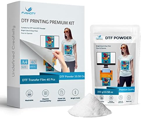 FugaCity DTF Transfer Film 40 Sheets + DTF Powder 300g Kit for DTF DTG Sublimation Printer- 10.58 oz White Digital Hot Melt Adhesive Powder 40 Double-Side Matte Transfer Film for All Color Fabrics