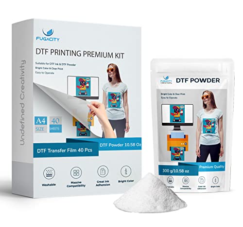 Fugacity Dtf Transfer Film 40 Sheets + Dtf Powder 300G Kit For Dtf Dtg Sublimation Printer- 10.58 Oz White Digital Hot Melt Adhesive Powder 40 Double-Side Matte Transfer Film For All Color Fabrics #TOP22