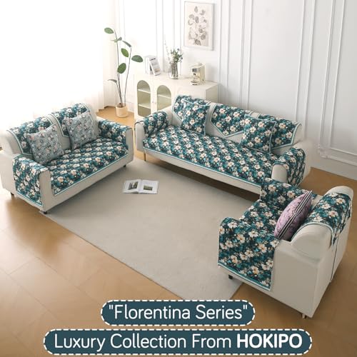 Image of HOKIPO 'Florentina Series' 1 PC Backrest Mat for Sofa Cover | Premium Multi-Needle Quilted Holland Velvet Mat with Anti Slip Backing, Pansies Teal (IN-877-V5*S)
