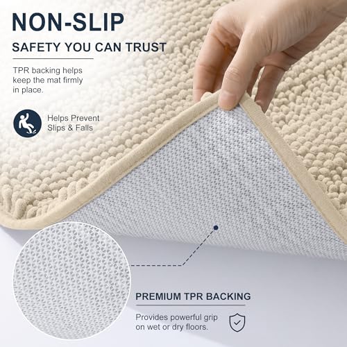 Image of Smiry Thick Chenille Bathroom Runner Rugs 44x24, Extra Absorbent Striped Bath Mat, Machine Washable, Rubber Backing, Long Bath Rugs for Tub & Shower, Modern Home Decor Accessories, Sand