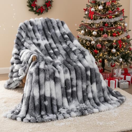 Throw Blanket for Couch - 60' x 80' Faux Rabbit Fur Throw Blanket Cozy Soft Warm Blankets for Bed Sofa Bedroom Living Room Fluffy Striped Blankets for Fall Winter, Home Decor, Grey