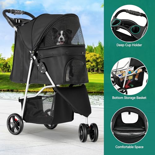 YITAHOME 15 kg Faltbarer Hundewagen, Katzenbuggy mit 3 Rädern, Netzfenstern, Getränkehalter und Bremsen, geeignet für Haustiere unter mittlerer Größe Schwarz