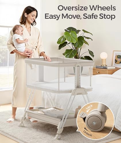 Image of Fodoss Baby Bassinets Bedside Sleeper - Bed Side Bassinet Newborn with Wheels, Storage Tray, 4-Sided Mesh, 7 Height Adjustable, Beige