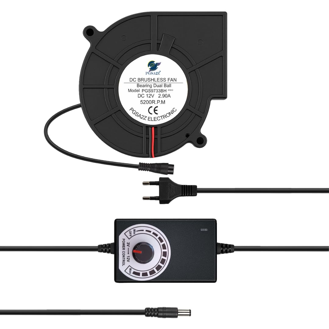 97mm DC Blower Fan 12V Dual Ball Bearing – 5200RPM High Airflow Cooling Exhaust Fan with Variable Speed Controller, AC 110V/220V Plug for BBQ, Router, Fireplace, DIY Ventilation & Inflatable Projects