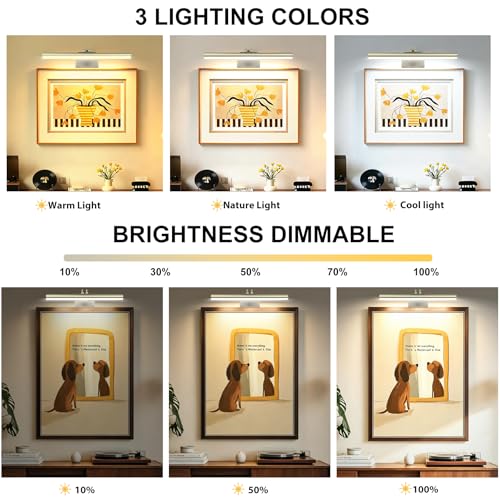 Image of Picture Light,Magnetic Wall Lights 5000mAh,16inch Art Light,Antique Brass | Photo Lights for Wall Rechargeable,Remote Timer and Dimmer Gallery Light,Metal Painting Light for Portrait Display Frame