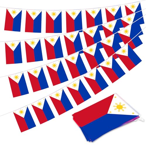 32.8 ft Philippines Flag Banner, 30 Pcs Mini Filipino Country String Flags, Blue Red Yellow White PH Bunting for Philippine Independence Day, Festivals, Parades, Home, Garden, Indoor, Outdoor Decorations