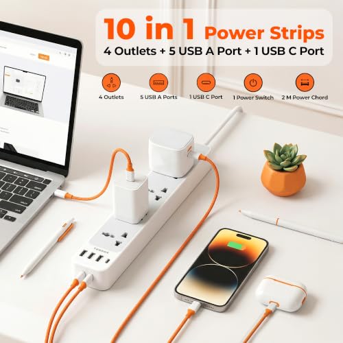 Image of TESSAN 4-Socket Extension Board with Surge Protector, Universal Power Strip with 6 USB Charging Ports, 6.5Ft (2-Meter) Heavy Duty Cable, Overload Protection, 220V, Grey, 2 Years Manufacturer Warranty