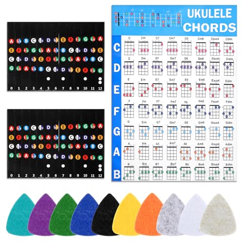 13 Pcs Ukulele Chord Chart Cheat Sheets with Ukulele 2 Scale Stickers and 10 Felt Ficks Expand Uke Playing Quickly for Beginners and Intermediate Players