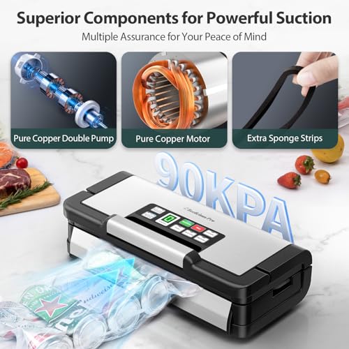 90Kpa Powerful Vacuum Sealer, with 10-in-1 Functions,Double Seal & Double Pump,Built-in Cutter&Hose,Handle-Ease Design, Vacuum Sealer Machine for Food with Bags Storage, Stainless Steel