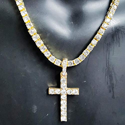 HH Bling Empire Mens Iced Out Hip Hop Silver Gold Artificial Diamond Ankh Cross Pendant cz Tennis Chain Necklace 22 Inch (Cross C -Gold, with Tennis)