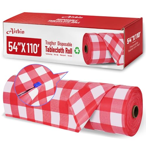 Image of Plastic Table Cloth, 110 Ft X 54 In Disposable Tablecloth Red and White Checkered Tablecloth with Any Cut Sliding Cutters Premium PEVA Plastic Table Cloth Disposable for Picnic, Parties, Festivals