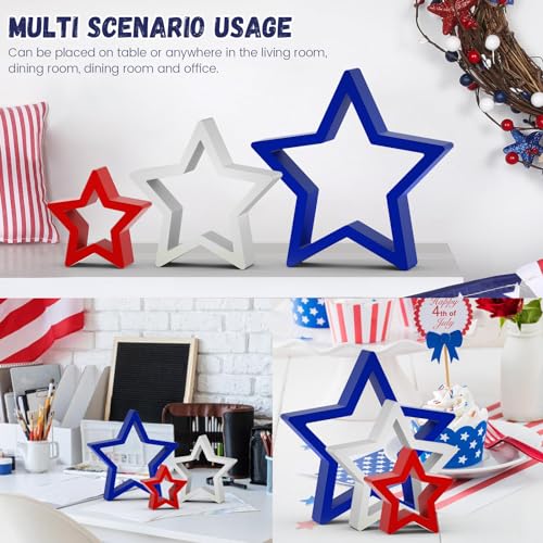 Image of 6 PCS Patriotic Wooden Star Sign Table Decor 4th of July Centerpiece Star Tiered Tray Decoration for Independence Day Memorial Day (Red,Blue and White)