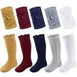 Geyoga 5 Paare Baby Mädchen Stricken Knie Baumwoll Socke mit 5 Stücke Bowknot Stirnband (M)