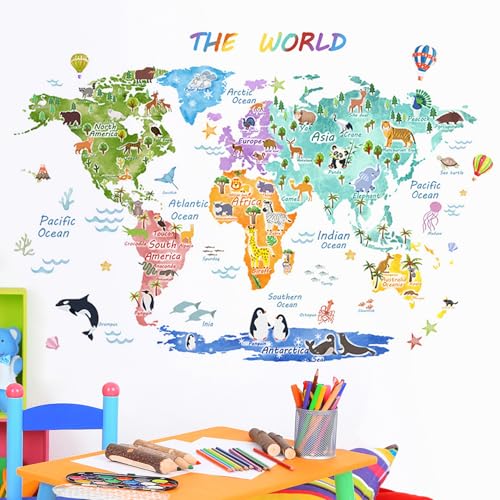 Image of Large Animal World Map Wall Decals Kids Educational Removable World Map Peel and Stick Wall Stickers Cartoon Animal Landmarks Map Wallpaper for Kids Boys Bedroom Nursery Classroom Home Decor