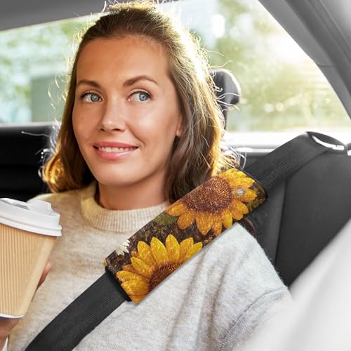 Image of Brown Sunflowers and Bees Seat Belt Cover Pad 2 Pcs Soft Cute Seatbelt Covers Protector Support Head Neck Shoulder Strap for Car Seats High Chair Backpack for Adults Kids Women Men 6.5x6.5In 2