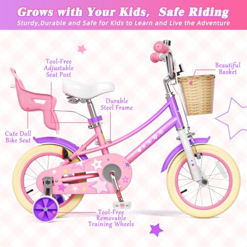 Image of Glaf Girls Bike Bicycle for 2-12 Years Old 12 14 16 20 inch Kids Toddler Bike with Training Wheels and Basket,Doll Seat, Kids Bike Bicycle for Gift