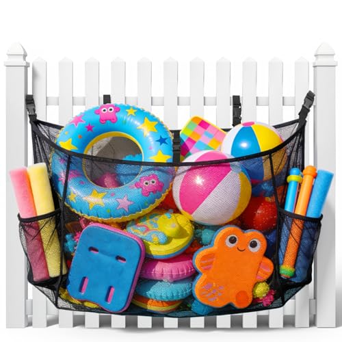 Nigelia Extra Large Hanging Pool Float Storage Net Bag, Elastic Mesh Pool Float Holder Storage Rack with 5 Buckle Webbing, Poolside Organizer for Floats, Balls, Water Inflatable Toys Rafts