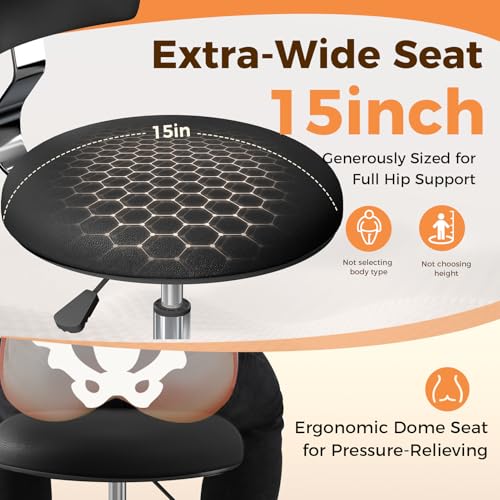 Image of Rolling Stool Chair with Wheels, Office Drafting Chair with Back Support, Height Adjustable Standing Desk Stool with PU Leather Cushion for Home Office Kitchen Vanity Spa Garage Tattoo Dentist, Black