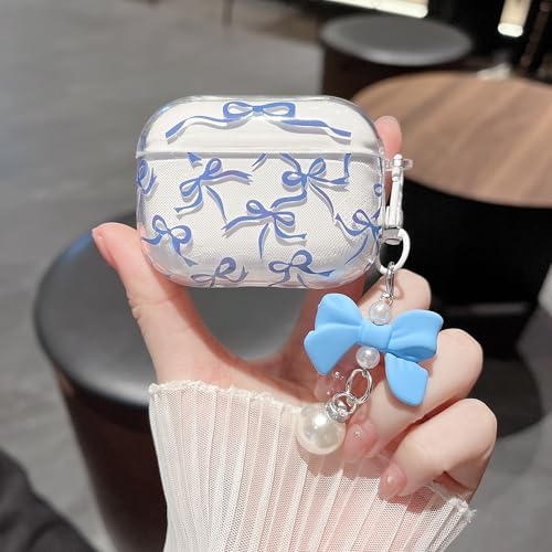 MINSCOSE for AirPods Pro 3rd Generation Case (2025) with Cleaner Kit,Cute Ribbon Bow Pettern Design with Lovely Bow Pearl Keychain,Soft TPU Protective Shockproof Case for Airpods Pro 3-Dark Blue by MINSCOSE - Image 4