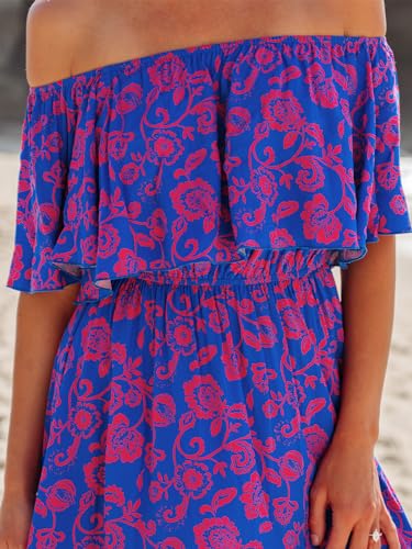 Image of CUPSHE Women Ruffle Floral Maxi Summer Dress Off Shoulder Short Sleeve Backless Flounce Bodice Slit Hem Beach Dresses