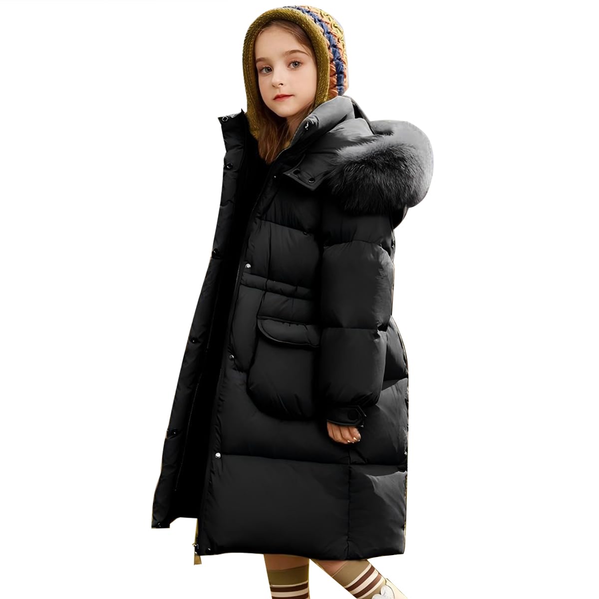 Enfant Fille Manteau mi Long à Capuche Fourrure Doudoune Matelassé Veste Hiver Chaud Parka Rembourré Blouson Coupe Vent