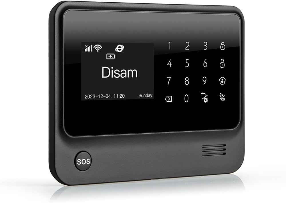 Close-up of the visiPower G90C alarm panel with its LCD touch screen displaying 'Disarm' and the date/time, along with a numeric keypad and function icons.