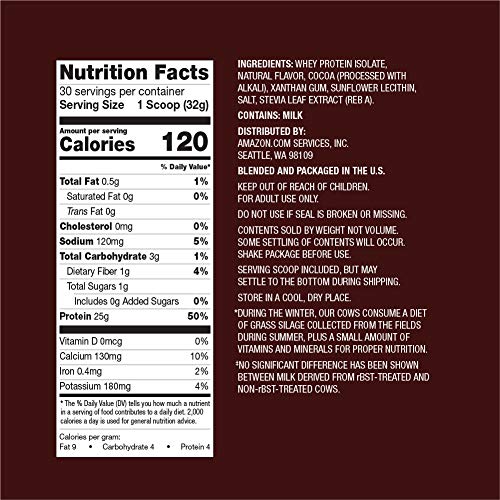 Amazon Elements Grass-Fed 100% Whey Protein Isolate Powder, Natural Chocolate, 2.11 Lbs (30 Servings) (Packaging May Vary) #TOP1