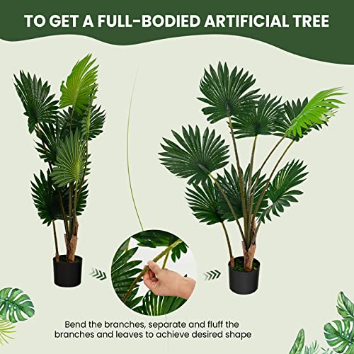 Goplus 4Ft Artificial Fan Palm Tree, Fake Tropical Palm Tree With 8 Large Leaves, Realistic Moss, Cement Pot, Indoor & Outdoor Green Potted Plant For Office, Home, Store, Garden #TOP3