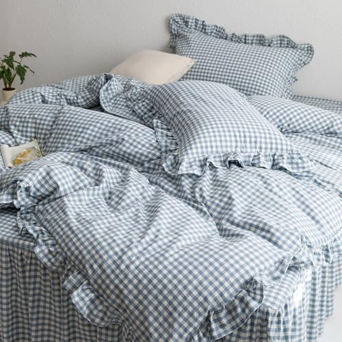 Image of mixinni Blue White Gingham Ruffle Duvet Cover Queen Size 3 Pieces - 100% Washed Cotton, Vintage Plaid Ruffled Bedding Set with Zipper Ties, Soft Checkered Grid Farmhouse Chic Comforter Cover Set