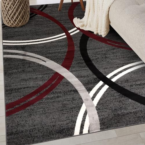 Rugshop Modern Wavy Circles Design Non-Shedding Area Rug, Carpet for Bedroom or Living Room, Red, 4' x 6'