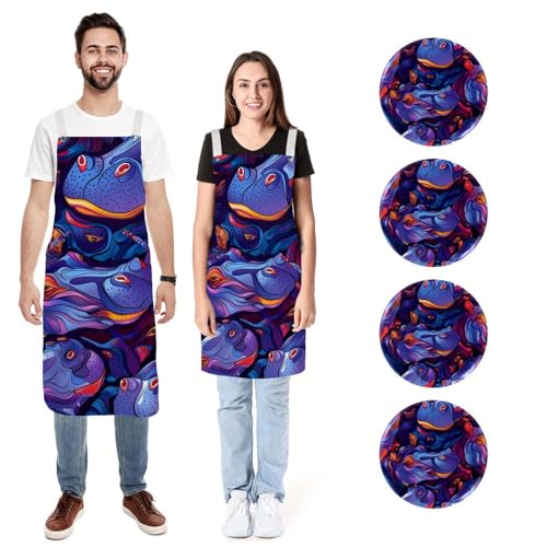 Tablier en lin hippopotame abstrait violet lot de 2 pour homme femme avec poches