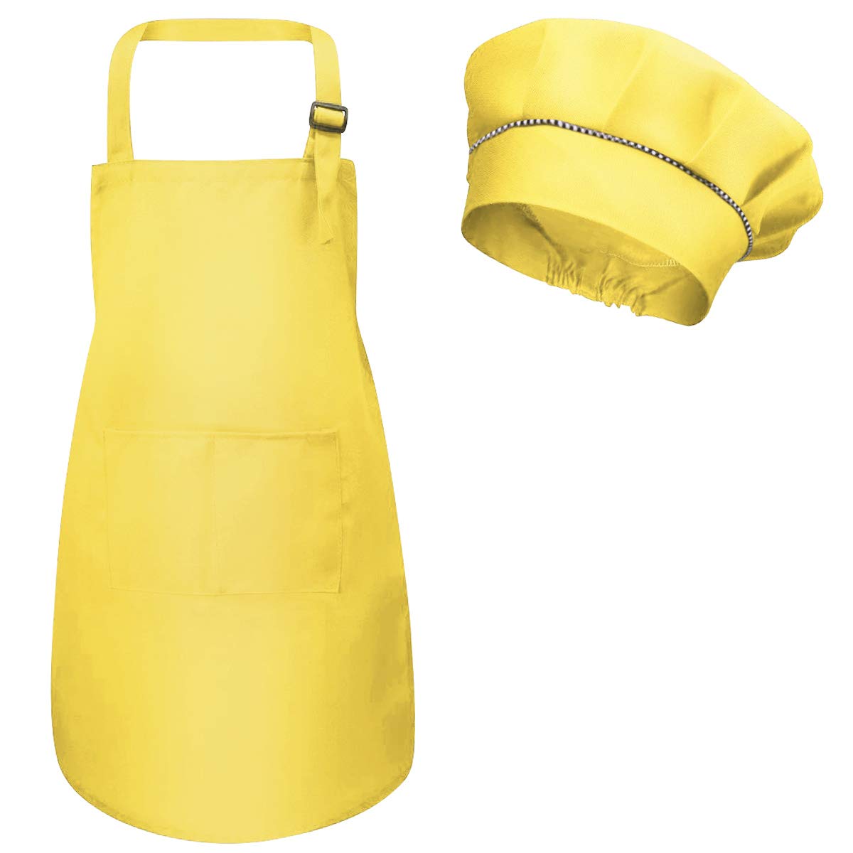Kids Apron and Chef Hat Set, Adjustable Children Chefs Apron with Pockets for Boys Girls, Toddler Kitchen Garden Bib Aprons for Cooking Baking Painting Crafting Wear (M for 3-6 Age) (Yellow)