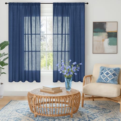 Image of BGment Navy Blue Linen Curtains 63 Inch Length for Living Room, Semi Sheer Window Drapes Light Filtering Decor with Rod Pocket Lightweight for Dining Room Bedroom, 2 Panels Set, Each 52 Inch Wide