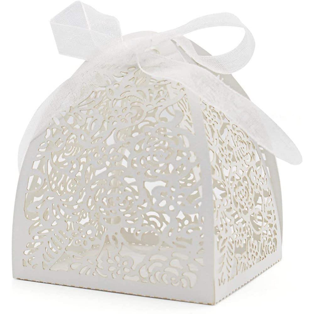 50 Pcs/set Multiple Colour Laser Cut Flower DIY Craft Box Wedding Favour Favor Sweet Cake Favor Gift Candy Boxes Bags Anniversary Kids Birthdays Party (White)
