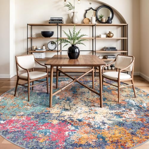 RUUGME Abstract 9ft Round Rug - Large Washable Rugs for Living Room Abstract Colorful Rug Indoor Non Slip Low Pile Carpet Bedroom Soft Foldable Stain Resistant Distressed Thin Mat 9ft Colorful/Multi