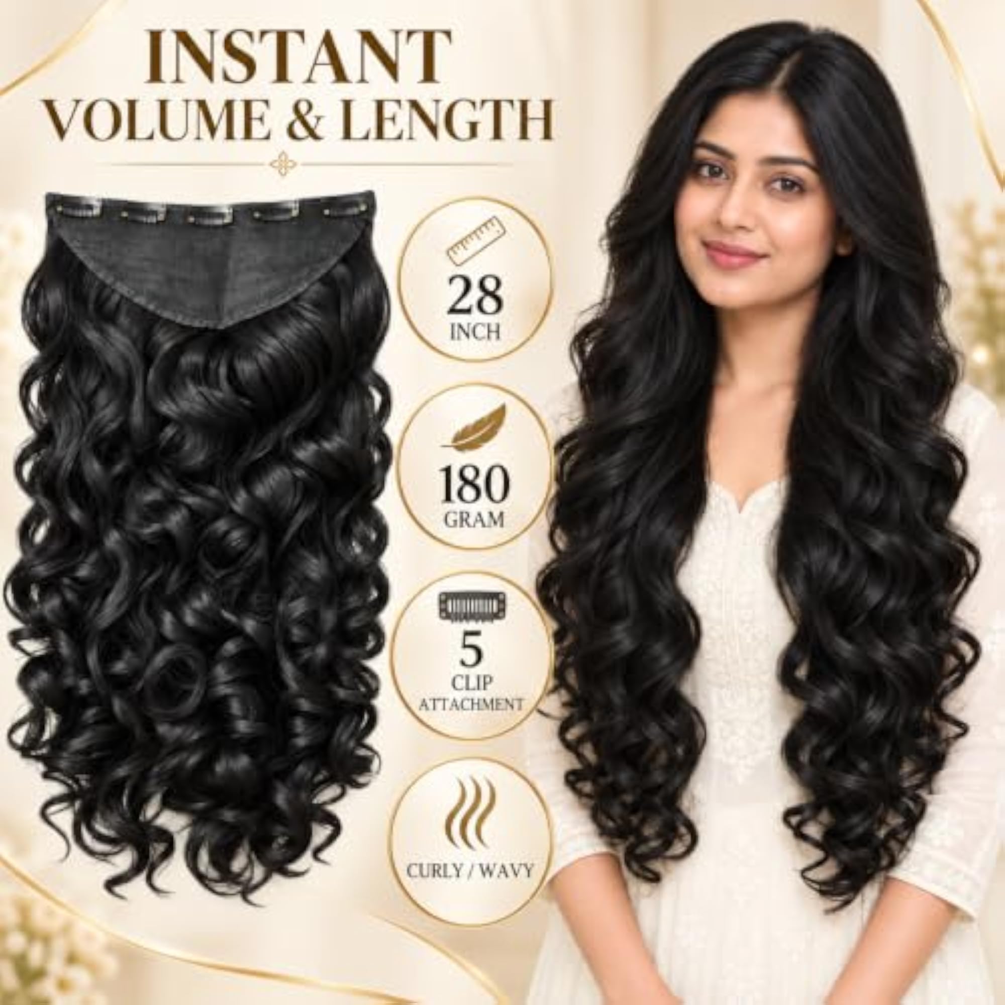 5-Clip Curly/Wavy Hair Extensions for Women, Instant Volume