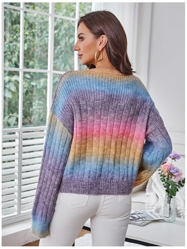 Image of MakeMeChic Women's Colorful Chunky Cropped Cardigans Button Down Long Sleeve Drop Shoulder Rainbow Sweater