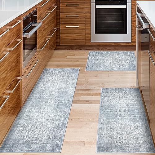 Kitchen Rugs Sets of 3 Non Slip Washable Kitchen Mats for Floor 3 Piece Set Boho Kitchen Rug Sets Gray Runner Carpets Absorbent for Laundry Room Hallway Sink - Image 3