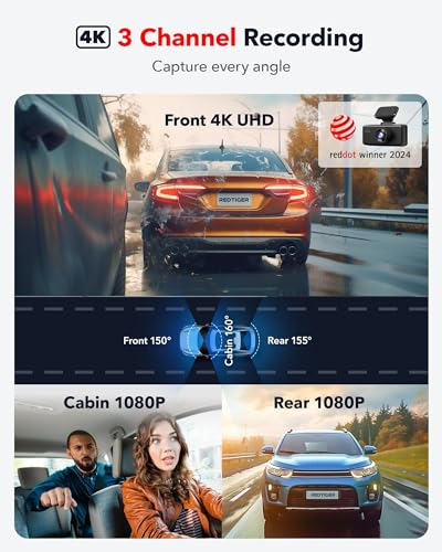 REDTIGER 4K 3 Channel Dash Cam 5G WiFi Built-in GPS with 64GB Card, 2160P+1080P+1080P Front and Rear Inside Loop Recording, Triple Car Camera with 3 Inch Screen, IR Night Vision, WDR, Parking Mode