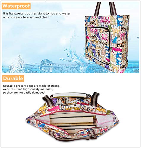 Couragejoy Reusable Shopping Bags Foldable Washable Waterproof Large Grocery Bags Heavy Duty Long Handles With Zipper Attached Pouch Sturdy Daily Bags For Working Traveling(Cats Pattern)… #TOP2