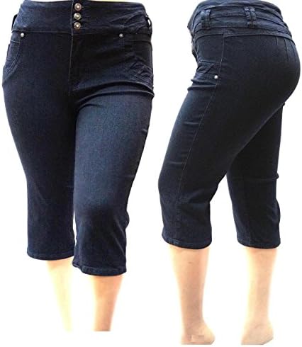 Diamante Women's Plus Size HIGH Waist Stretch Black Denim Jeans Capri Pants