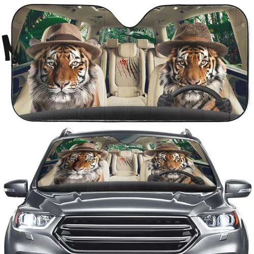 Forest Car Windshield Sunshade,Funny Tiger Driving Portable Automotive Windshield Sun Shade,Animal Truck Front Window Sun Visor, UV Protector Cover Keeps Car Cooler