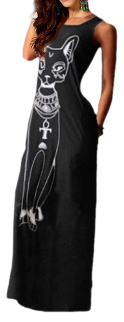 Vska Womens Cartoon Cat Print Cotton Sexy Strap Dress Black S