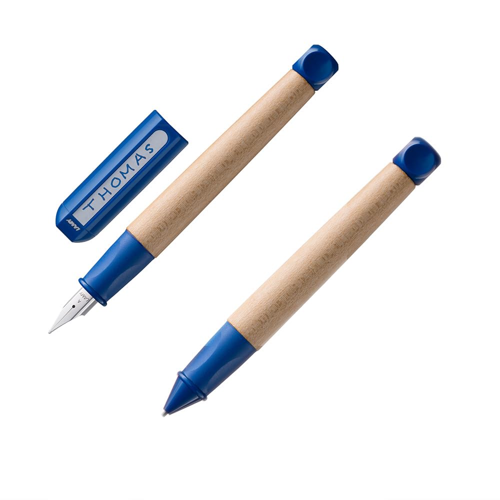 Lamy abc Set of 2 Maple Wood Learner's Fountain Pen and Pencil, Non-Slip Grip in Blue, Steel Nib for Beginners Including Ink Cartridge T 10 Blue and Pencil Lead M 44 1.4 mm B