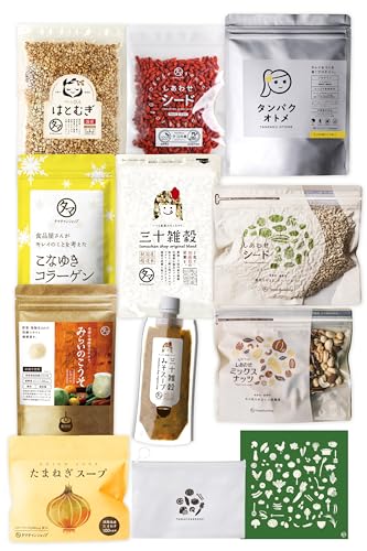 タマチャンショップ タマリバ 3周年記念セット たまねぎスープ・三十雑穀・こなゆきコラーゲン・雑穀スープ・みらいのこうそ・べっぴんはとむぎ・タンパクオトメ・クコの実・ミックスナッツ・ひまわりの種 人気アイテム10点 詰め合わせ 福袋のサムネイル